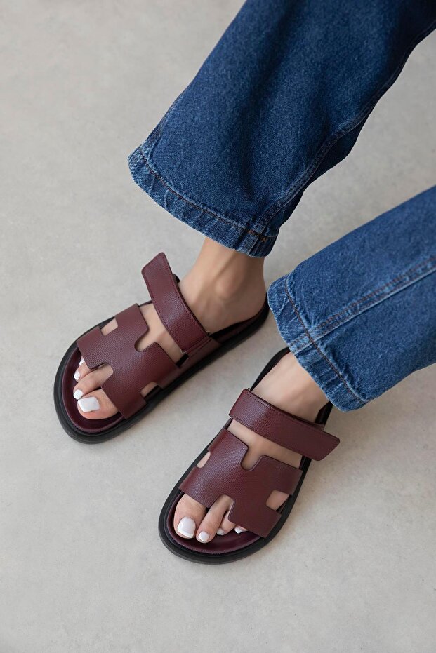 Pina Women's Velcro Strap Print Leather Slippers Claret Red