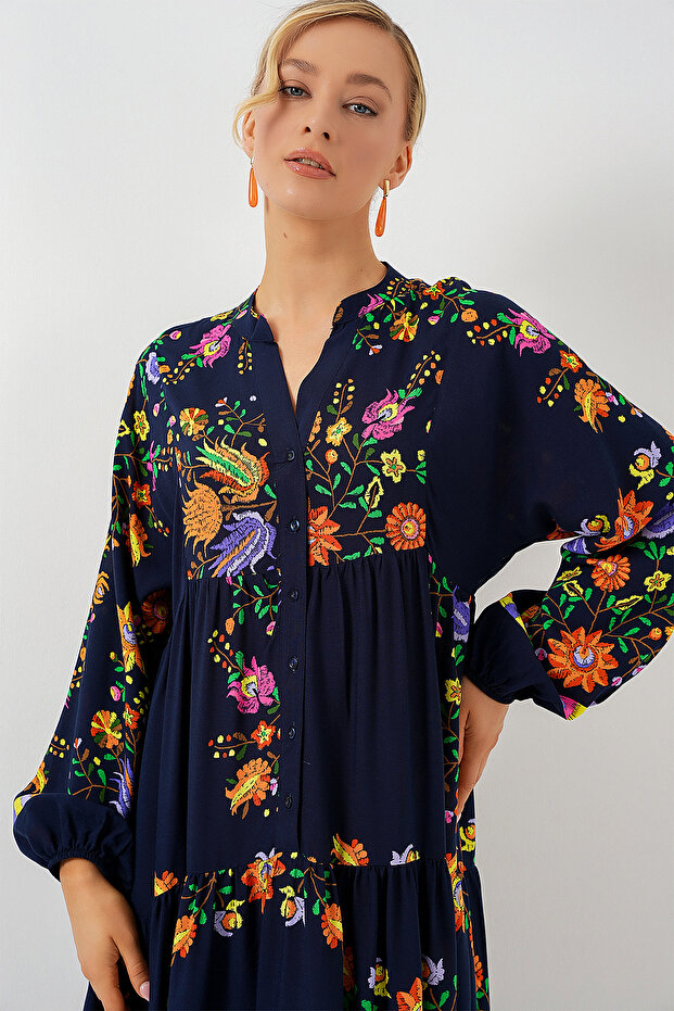 2423 Authentic Patterned Modest Dress - Solid Navy - 4