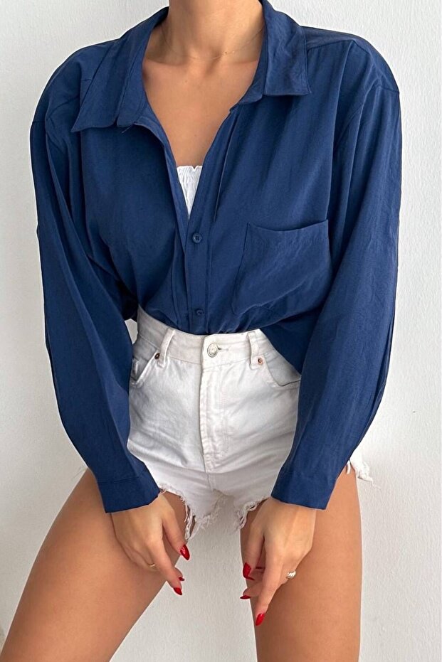 Summer Women's Viscose Fabric Off Shoulder Oversize Navy Blue Shirt