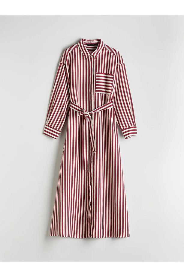 LCW Modest Bordo Çizgili Poplin Gömlek Elbise - 1