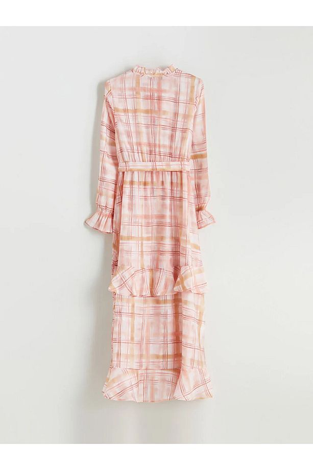 LCW Modest Pembe Bağlamalı Yaka Ekose Fırfırlı Elbise - 4