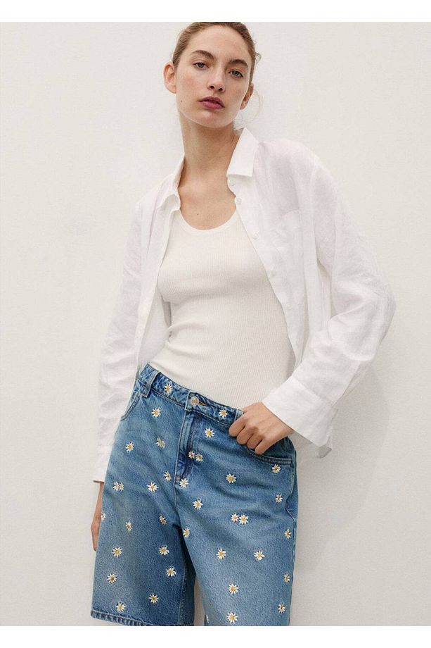 Çiçek Işlemeli Denim Bermuda Şort - 1
