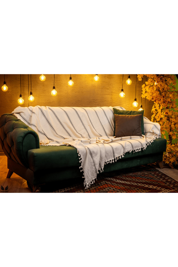 200X240 cm 100% Cotton Black Striped Beige Sofa Cover Shawl Double Pique