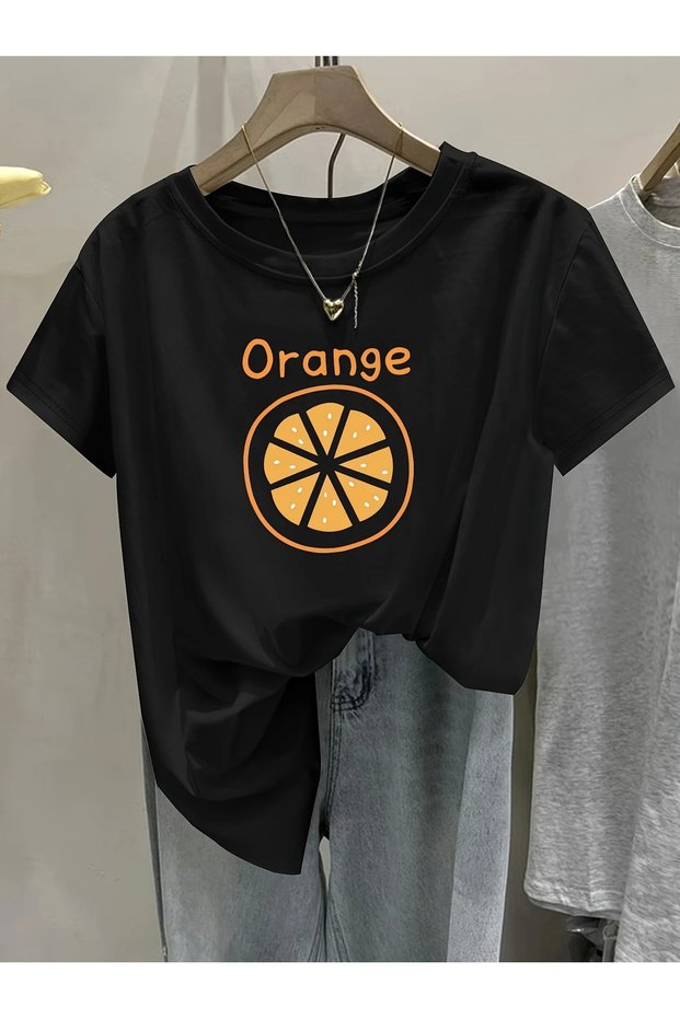 Women's Black Orange Printed Oversize T-Shirt