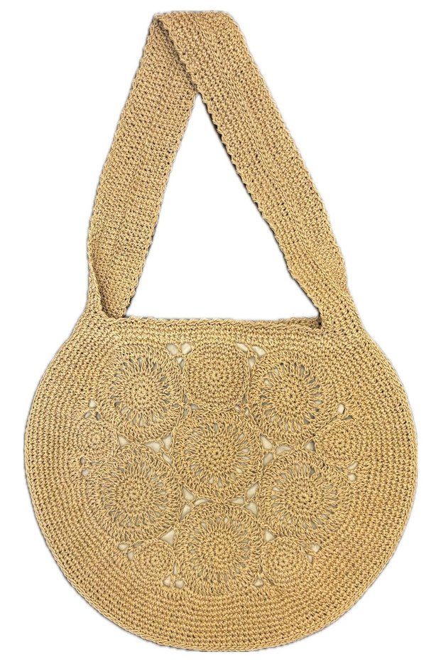 Hand Knitted Beige Women's Shoulder Bag 32X37