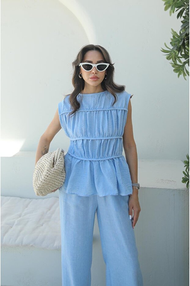 مجموعة سراويل بلوزة ذات طبقة زرقاء - 2