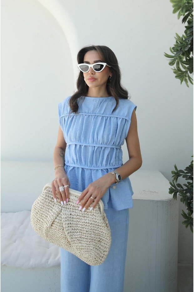 مجموعة سراويل بلوزة ذات طبقة زرقاء - 6