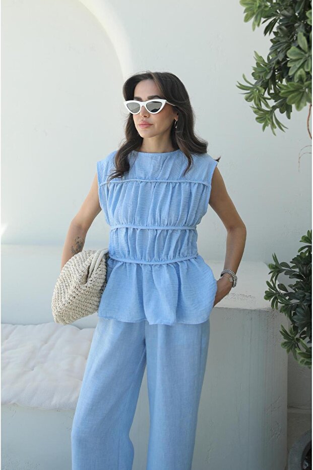 مجموعة سراويل بلوزة ذات طبقة زرقاء - 4