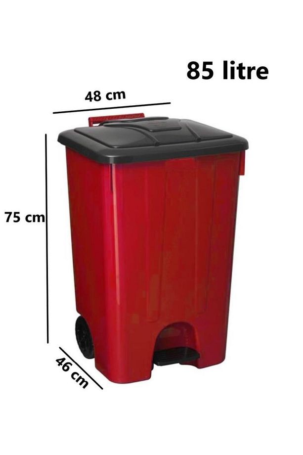 SY-4265 Kırmızı 85 lt Köşeli Pedallı Tekerlekli Çöp Kovası - 2