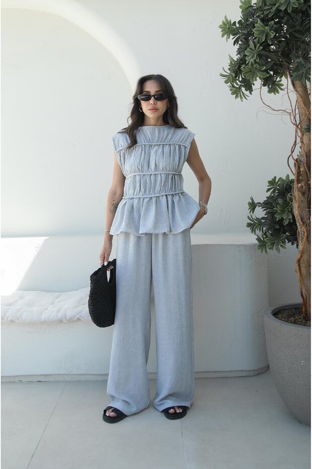 Gray Layer Blouse Pants Set - 1
