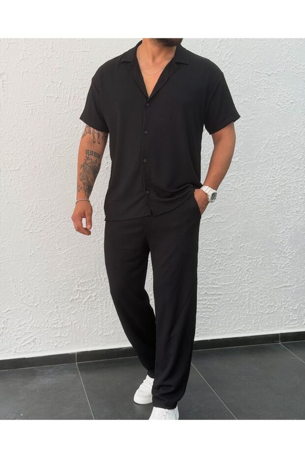 Men's Short Sleeve Shirt and Pants 2-Piece Summer Suit Wrinkle Fabric
