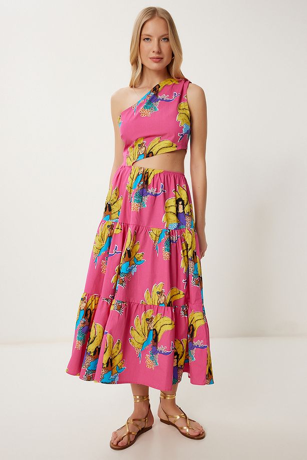 Kadın Pembe Sarı Tek Omuz Desenli Midi Poplin Elbise FK00018 - 1