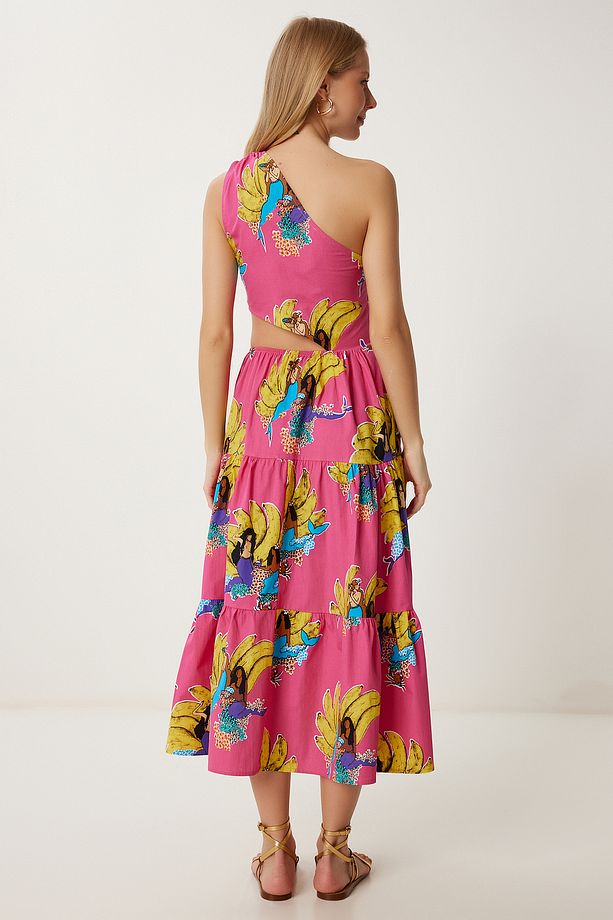 Kadın Pembe Sarı Tek Omuz Desenli Midi Poplin Elbise FK00018 - 4