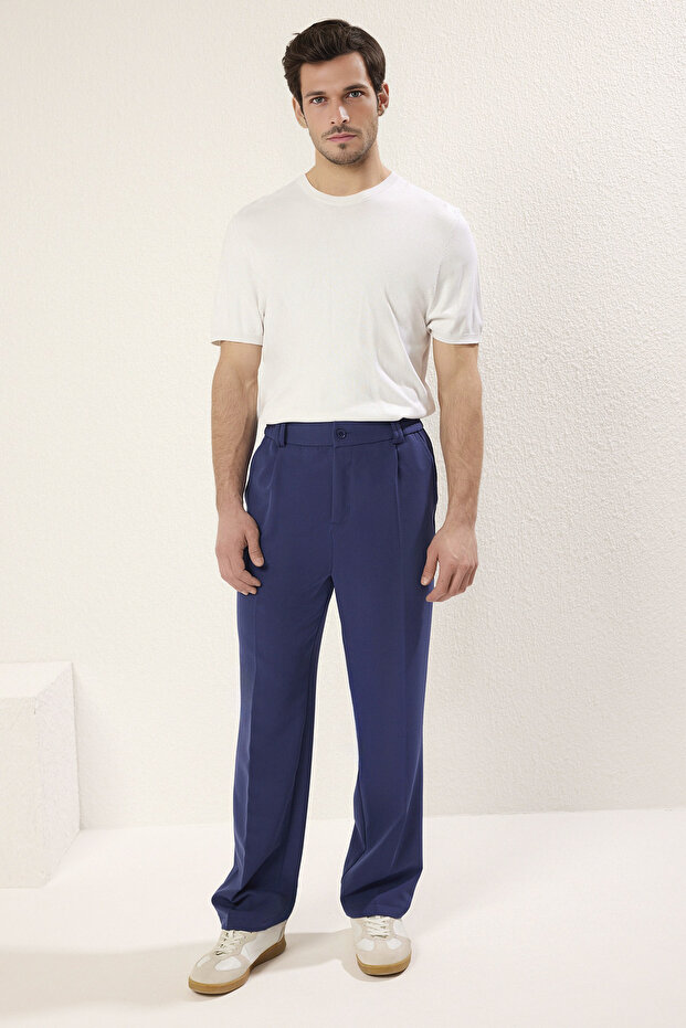 Lacivert Wideleg Baggy Rahat Kalıp Dokuma Kumaş Pantolon TMNSS25PL00007 - 1