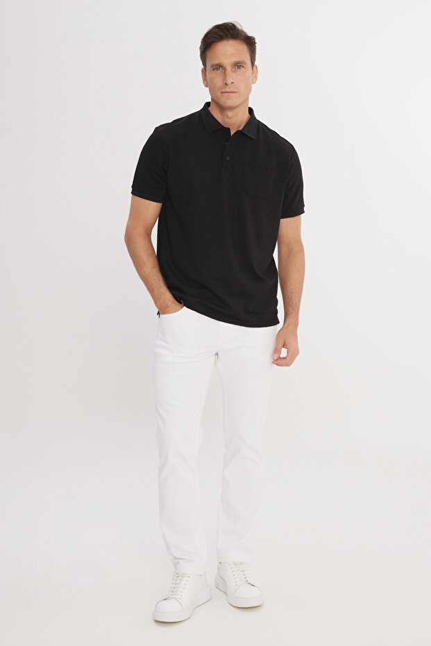 Erkek Çekmeyen Pamuklu Kumaş Regular Fit Rahat Kesim Koyu Siyah Kıvrılmaz Polo Yaka Cepli Tişört - 2