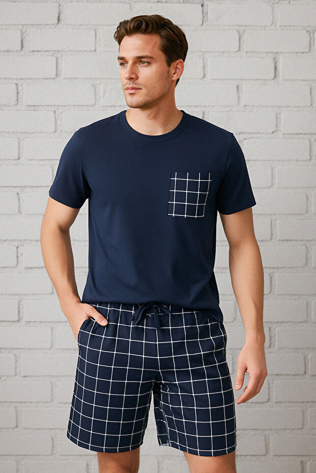 Lacivert Regular Fit Ekose Örme Şortlu Pijama Takımı TMNSS25PT00034 - 2