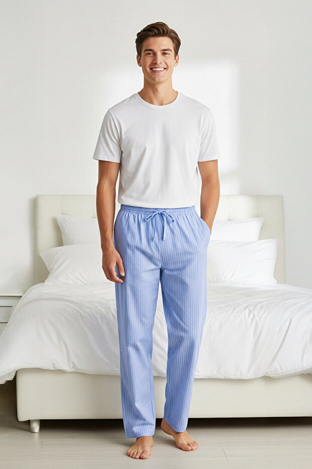 Ekru - Mavi Regular Fit Üst Örme Alt Dokuma Pijama Takımı TMNSS25PT00057 - 2