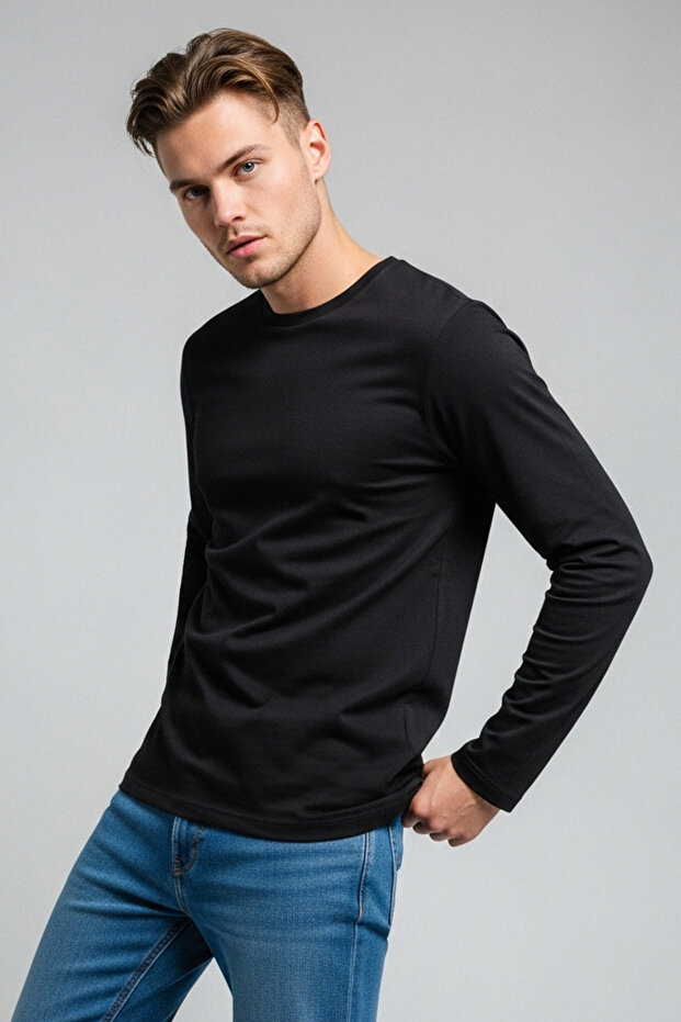 Siyah Basic Regular/Normal Kesim Bisiklet Yaka Uzun Kollu %100 Pamuk Tok Kumaş T-shirt TMNAW21TS0208 - 2