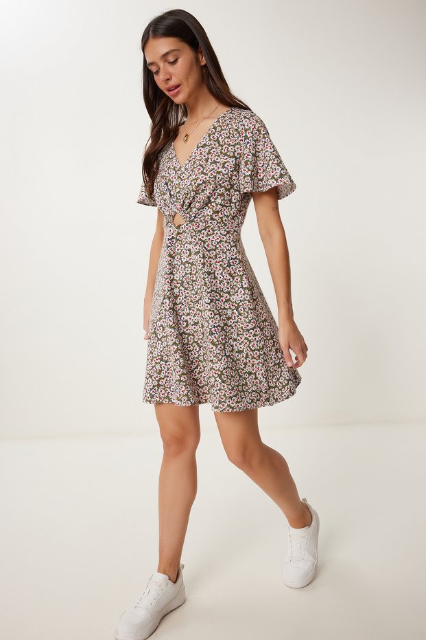 Women's Khaki Floral Summer Mini Linen Dress Fk00034
