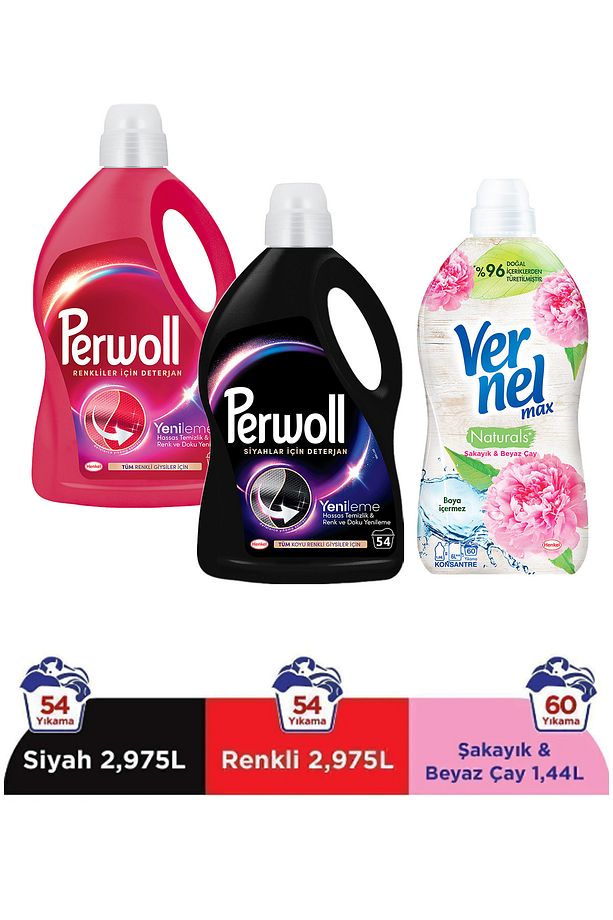 Sıvı Çamaşır Deterjanı 2x2.97L (100 Yıkama) Siyah & Renkli + Vernel Max 1440ml Şakayık - 1