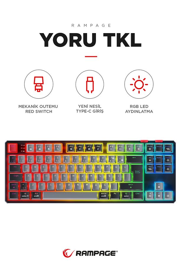 YORU TKL Gri/Siyah Type-C Bağlantılı OUTEMU Red Swich Q Mekanik Gaming Oyuncu Klavye RGB - 1