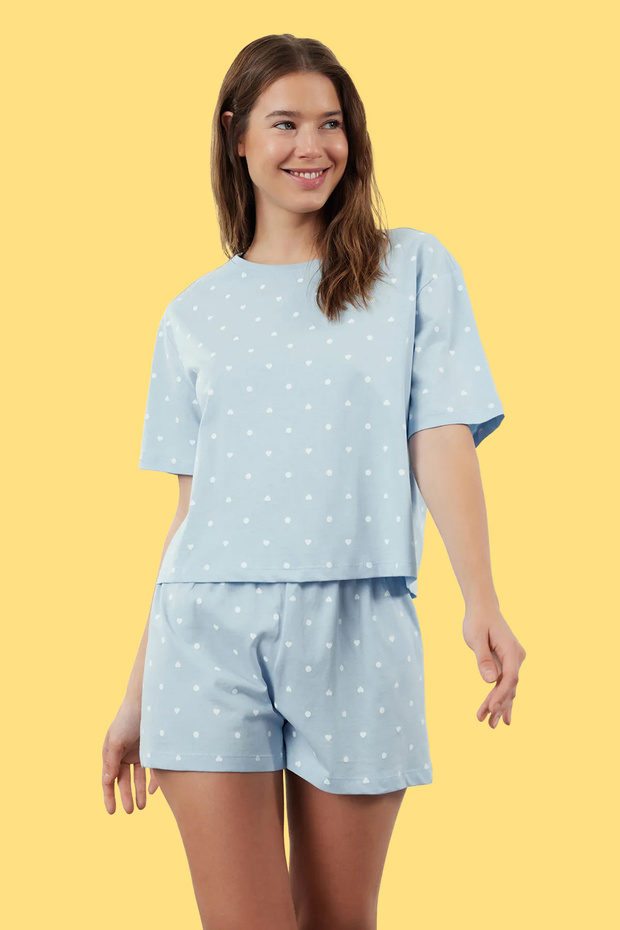 Mavi %100 Pamuklu Puantiyeli ve Kalpli Şortlu Örme Pijama Takımı THMSS21PT1485 - 1