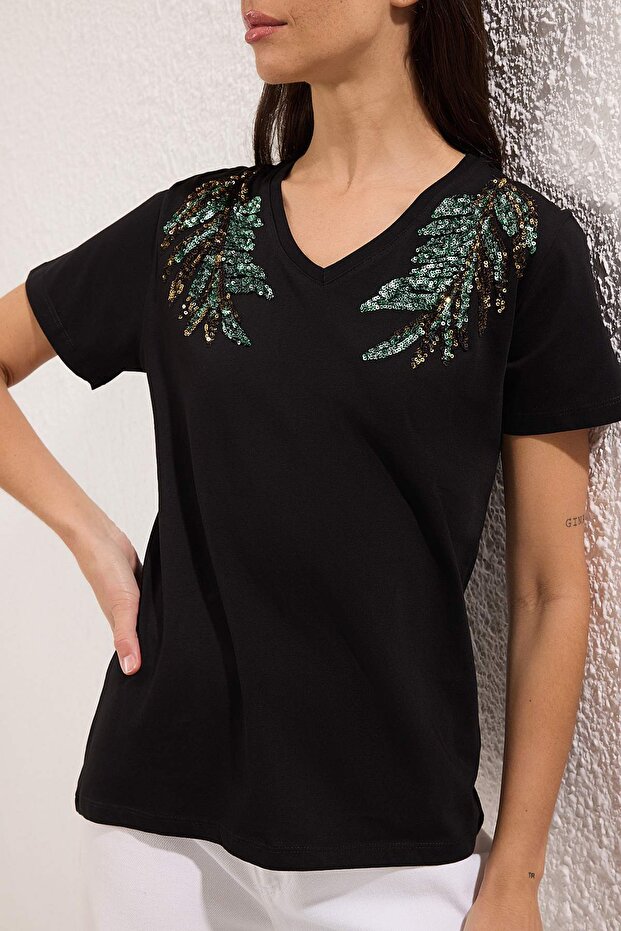 Siyah*001 %100 Pamuk Pul Payetli  Regular Örme T-Shirt TEDSS25TS00000 - 2