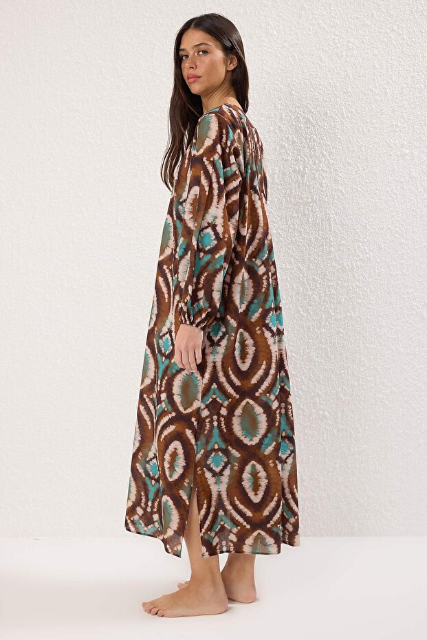 Batik Desenli Dokuma %100 Pamuk Maxi Plaj Elbise TBESS25EL00019 - 4