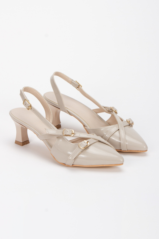 Women's Low Heeled Shoes with Piping Buckle Detail and Pointed Toe