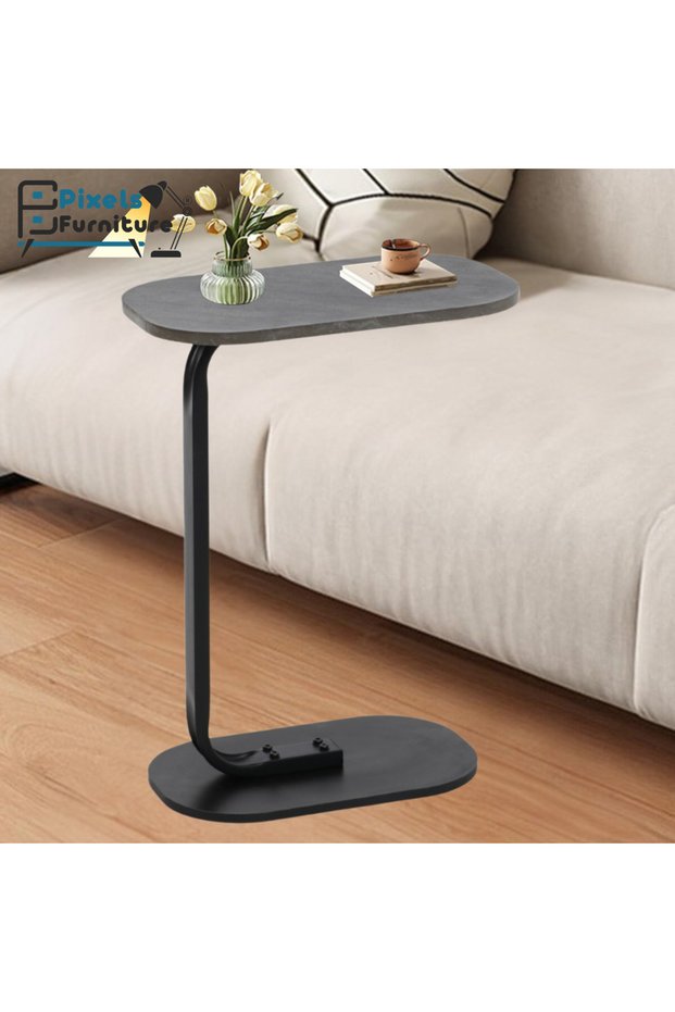 Pixel Furniture C-Shaped Side Table for Sofa and Bed, Solid Metal Base Table