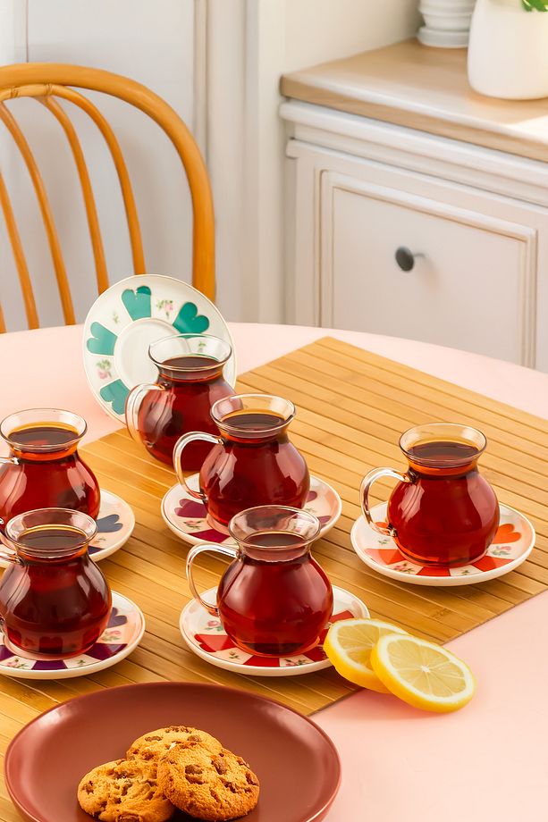17901 Beyoğlu 12 Parça 6 Kişilik Çay Seti – Cam Kulplu Bardak ve Porselen Çay Tabağı Takımı 210 ml - 2