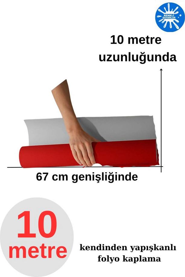 67cm x 10Metre 1 Adet Rulo Folyo Yapışkanlı Düz Kırmızı Mutfak Duvar Kaplama Folyosu Kağıdı - 3