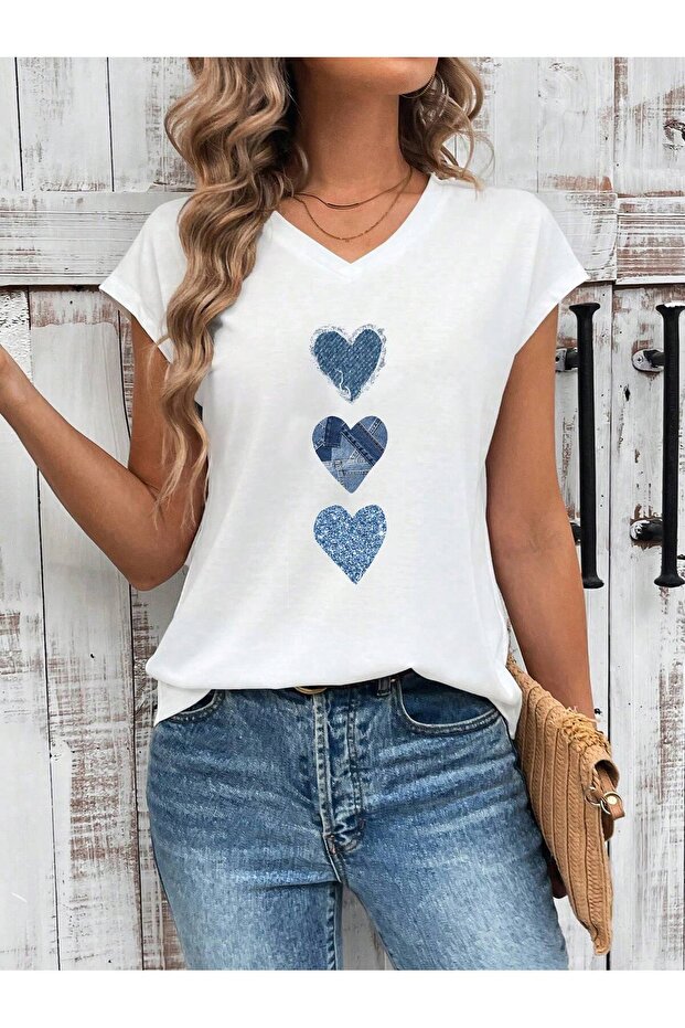 Women's Heart Printed V-Neck Loose Oversize T-Shirt