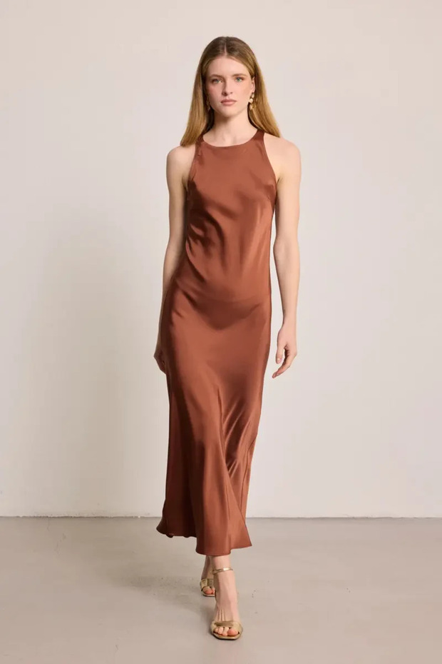 Halter Neckline Satin Evening Dress - Brown