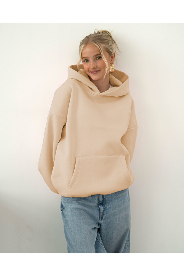 Oversize Kapşonlu Basic Baskısız Okul Sweatshirt - 3