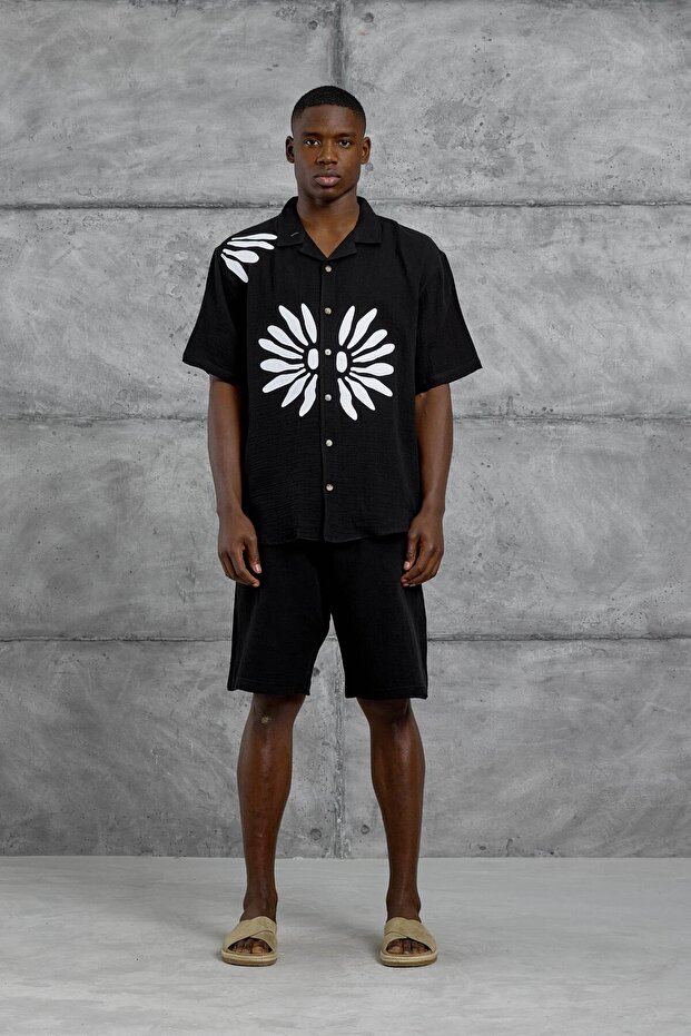 Men's Shirt Nmrc Floral Short Sleeve Black Oversize Printed Muslin