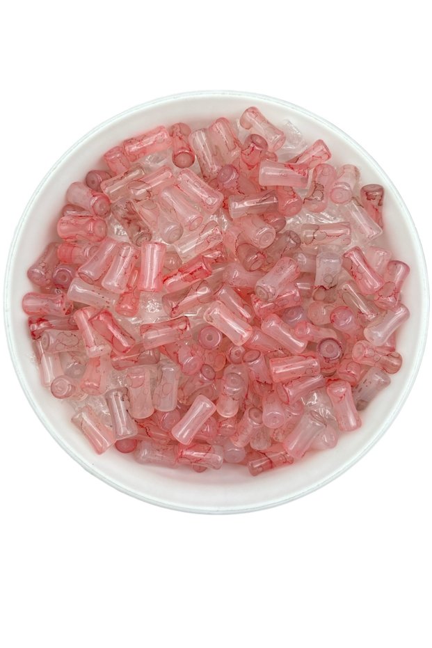 50Gr Glass Rod Bone Cylinder Model Fuchsia Pink Marbled Beads Jewelry, Hobby, Beads (50Gr, ~70 Pieces)