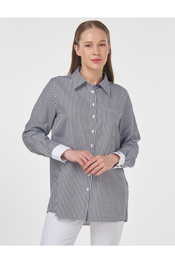 Pamuk Karışımlı Çizgi Desen Basic Tunik Lacivert - 1