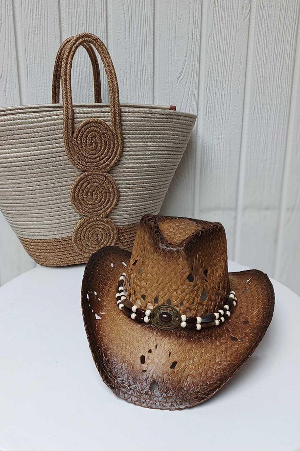 Tahta Boncuk Detay Unisex Hasır Şapka Camel-a.kahve - 2