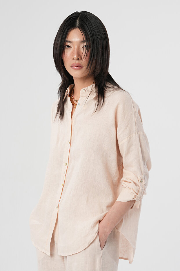 Women's 100% Linen Sleeve Button Detail Shirt