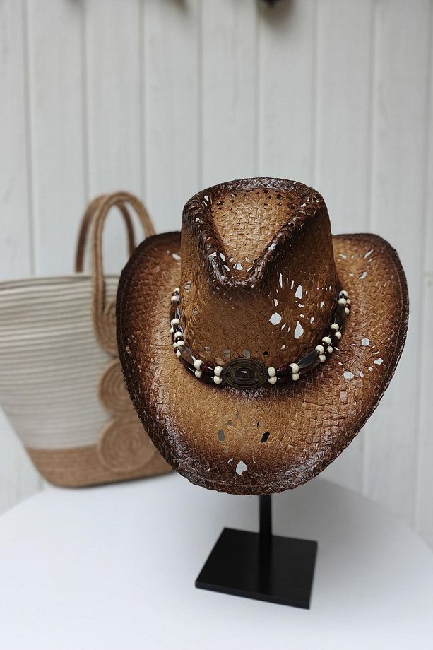 Tahta Boncuk Detay Unisex Hasır Şapka Camel-a.kahve - 1