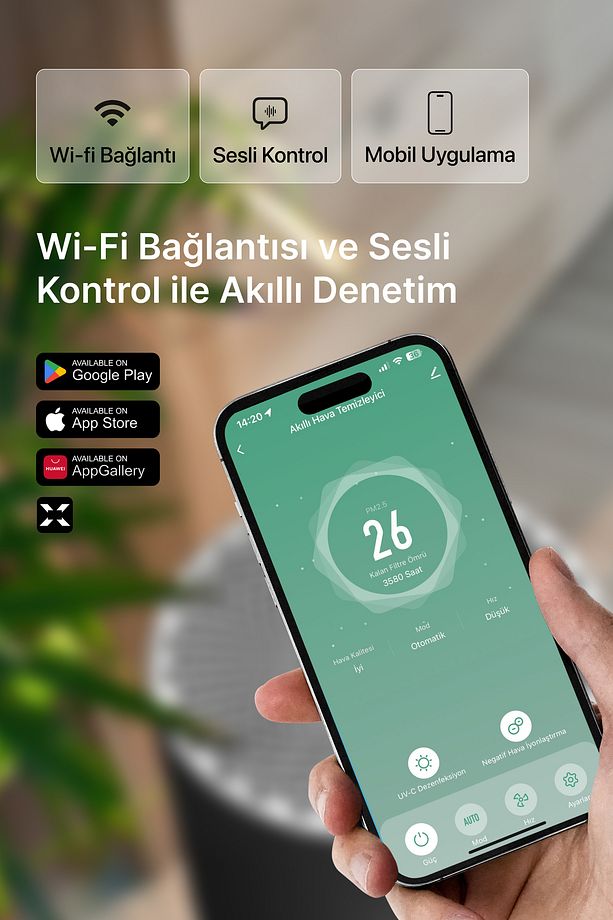 Akıllı Hava Temizleyici 70 M2 Wi-fi Mobil App Air Purifier Cadr 550m³ Karbon Hepa Filtre X7420 Gri - 9