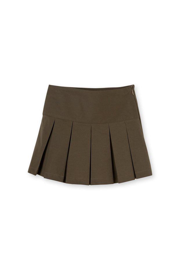 Khaki Pleated Zippered Woven Cotton Girl's Skirt
