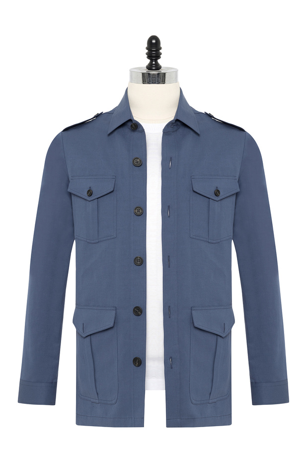 Albini Aviator Blue Utility Cap Pocket Cotton Linen Safari Jacket Shirt