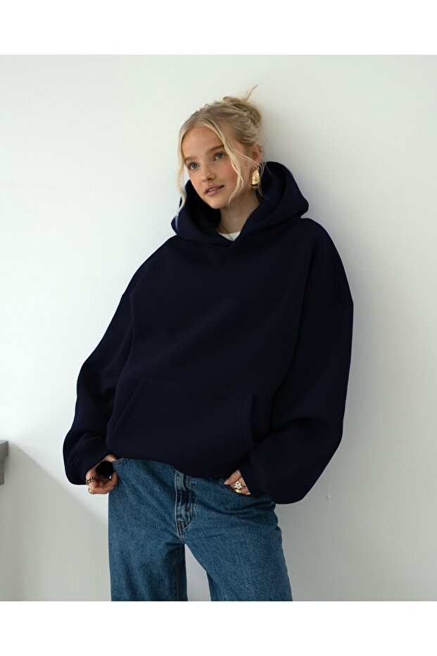 Oversize Kapşonlu Basic Baskısız Okul Sweatshirt - 1