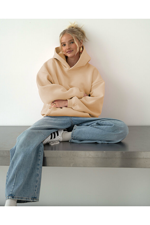 Oversize Kapşonlu Basic Baskısız Okul Sweatshirt - 2