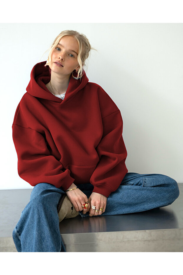 Oversize Kapşonlu Basic Baskısız Okul Sweatshirt - 3