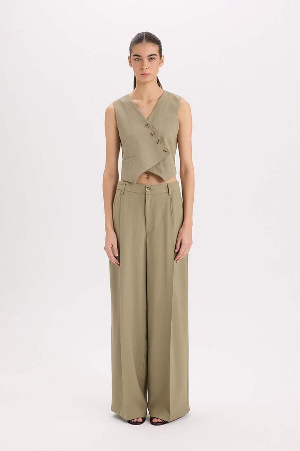 Wide Leg Yüksek Bel Geniş Paça Çift Cepli Basic Düz Piliseli Klasik Pantolon D4564AX24AU - 4