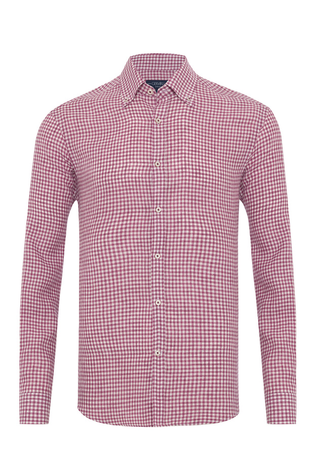 قميص Albini Cherry White Gingham Buttoned Collar Tailor Fit من الكتان الدلاف