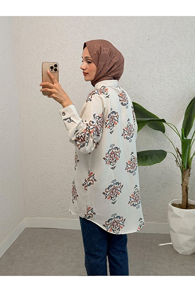 Buttoned Patterned Oversize Linen Tunic - 4